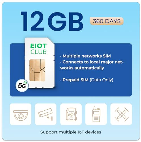 EIOTCLUB 12GB scheda SIM dati 360 giorni – scheda SIM prepagata IoT per Internet per telecamera, router, sistema di allarme | 4G LTE/5G | Senza contratto, senza registrazione | Rete Vodafone O2 |