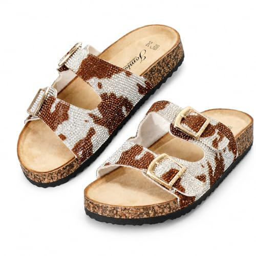JOMIX Ciabatte Donna Estive Comode Punta Aperta Alla Moda Traspiranti Antiscivolo con Suola in Sughero Scarpe Leggere Eleganti Morbide per L'Estate Tutto il Giorno Modello,Stampa Mucca,38 EU