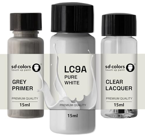 SD COLORS Peinture de retouche LC9A - Blanc pur - 15 ML - Pour réparer les rayures et les éclats - Code couleur : LC9A - Blanc pur (peinture + vernis + apprêt)
