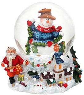 Dekohelden24 Boule à Neige Bonhomme de Neige avec Guirlande sur Socle avec Paysage d'hiver, Dimensions H x l : env. 9 x 8 cm/6,5 cm. Chapeau 501611