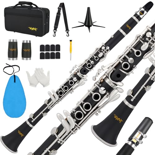 Bb Clarinet For Beginners Students B Flat Clarinet 17 Keys Clarinets with Case Stand Strap 2 Barrels 8 Mouthpiece Cushion White Gloves Cleaning Kit (Black)