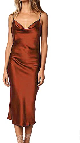 xxxiticat Robe de femme sans manches, en satin, sexy, sans manches, de cocktail, de cocktail, marron, L