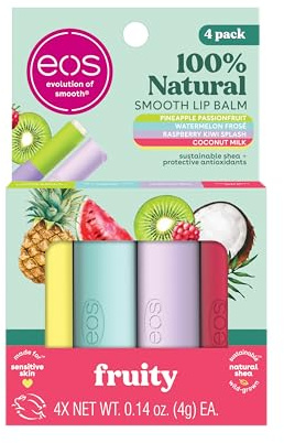 eos 100% Natural Lip Balms- Coconut Milk, Pineapple Passionfruit, Watermelon Frosé & Raspberry Kiwi Splash, All-Day Moisture Lip Care, 0.14 oz, 4-Pack
