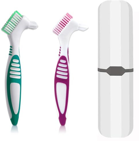 Zahnprothesenbürste, 2 Stück Zahnersatz-Zahnbürste mit weißer Tragetasche, mehrstufige Borsten mit komfortablem Griff für effektive Zahnprothesenreinigung