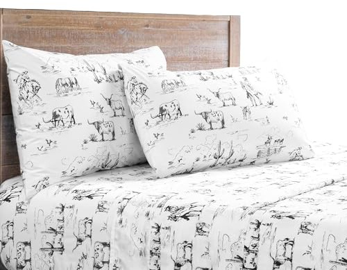 Paseo Road Ranch Life 4 Piece Queen Western Bed Sheet Set Black, White Cow Cowboy Longhorn Horse Rodeo Print Cotton Rustic Bedding, 1 Flat Sheet, 1 Fitted Sheet, 2 Pillowcases