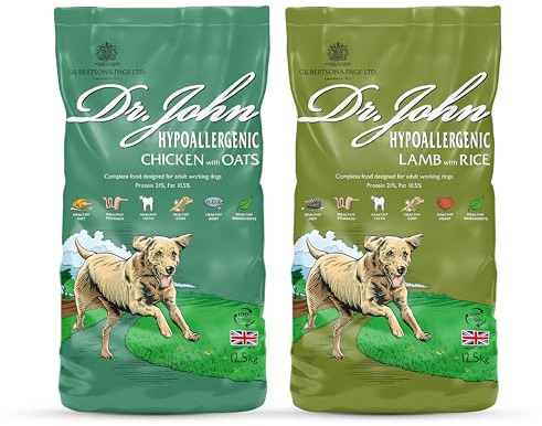 Dr John Hypoallergenic Dry Dog Food 2 Pack (25kg) - 1x 12.5kg Chicken with Oats, 1x 12.5kg Lamb with Rice - Complete Nutritional Sensitive Dog Biscuits for Adult and Senior Dogs