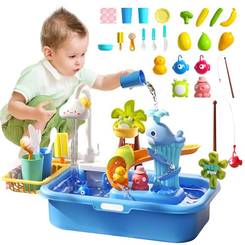 RoserRose Spielspüle Spielzeug mit elektrischem Wasserhahn, Spielzeugzubehör für Spielküche, schwimmendes Angelspielzeug für Wasserspiel, Rollenspiel für Kinder