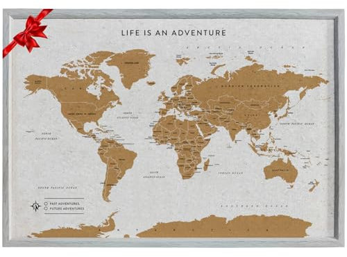 Splosh Travel Map - Bacheca XL da scrivania con mappa del mondo, cornice in legno, bacheca in sughero con 100 perni in 2 colori per segnare le tue avventure passate e future, mappe del mondo
