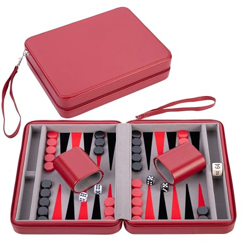 Engelhart – 250500 – Travel Backgammon Set 9-Inch Deluxe with Inlay Felt – Red Zipper Closure (Gray, Black, Red)