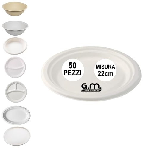 G.M. DISTRIBUZIONE 50 Piatti Rotondi Piani in Polpa di Cellulosa 22cm, Ideale per Cibi Caldi e Freddi, Piatti Impermeabili e Adatti al Microonde, Biodegradabili e Compostabili