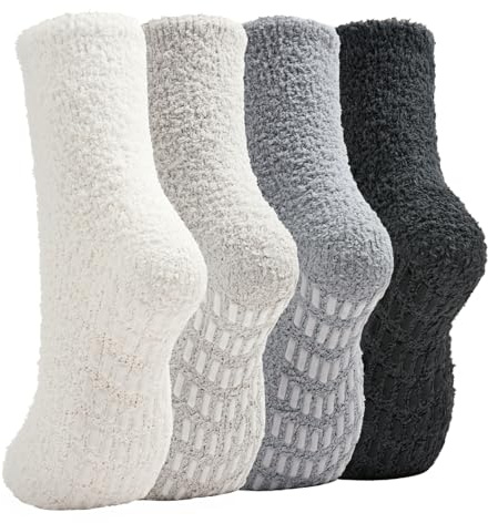 Saniripple Slipper Socks for Women Men Grip Hospital Socks with Grips Fuzzy Non Slip Warm Womens Gifts beigelightgraywhitegray