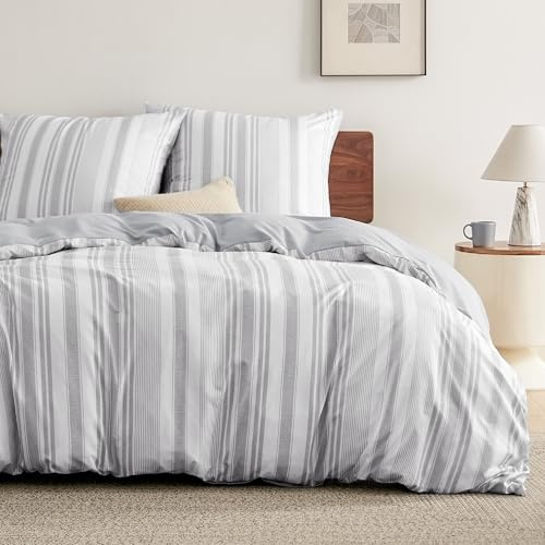 BEDSURE Juego de ropa de cama de 155 x 220 cm, 3 piezas, funda nórdica de 155 x 220 cm con 2 fundas de almohada de 80 x 80 cm, certificado Öko-Tex, color blanco, juego de ropa de cama gris rayas