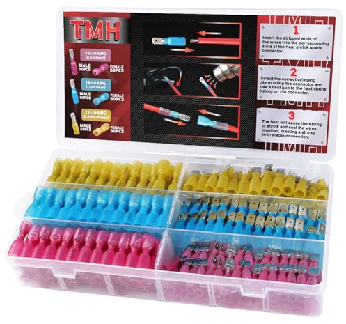 TMH 300 PCS Heat Shrink Spade Connectors AWG 22-10 Electrical Wire Connectors - Female and Male Spade Terminals for Watercraft, Electronics, Automotive Crimp Connectors
