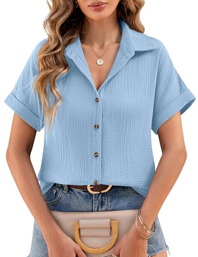 heekpek Camicia Donna Elegante Blusa Estiva Cotone T Shirt con Scollo a V Casual Maglia Manica Corta Maglietta Camicie Estive Top, Azzurro, S