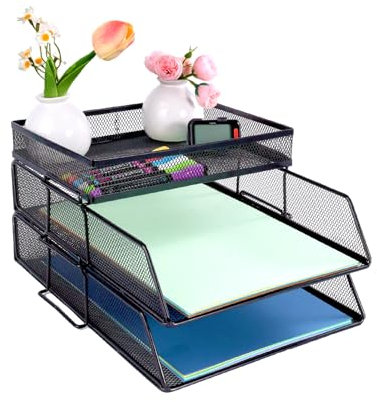 2-stöckige Netzablagen, stapelbarer Schreibtisch-Ordnungshalter mit oberem Schreibwarenhalter, Papier-Dokumenten-Briefablagen für Büro, Schule und Zuhause, Schwarz