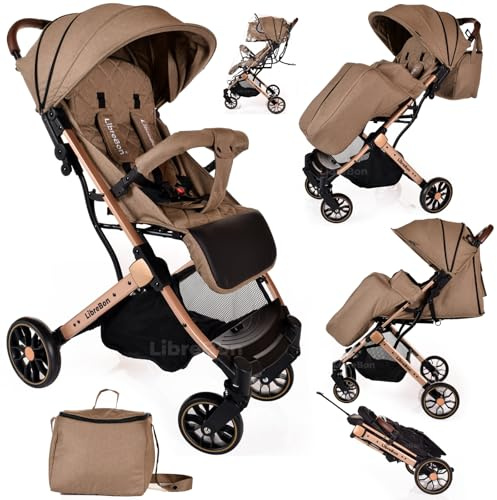 Lightweight Stroller, Baby Pushchair, Compact Travel Buggy, One Hand Foldable, Upgraded Wheels, Four Seasons Stroller, Foot Cover, Mommy Bag, Rain Cover (Khaki - Rose Gold Frame)