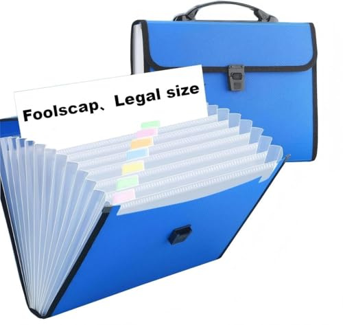 Extra Large Foolscap/Legal Size 13 Pockets Expanding File Folder with Handle,TRANBO Portable A+ Concertina File Organizer,Plastic Document Wallet for Paper Work Travel School Office - Blue