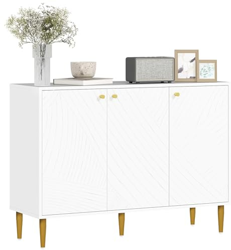 HOMCOM Buffet, Meuble de Rangement, avec 2 Placard, étagères Ajustables, 3 Portes à Lignes sculptées, Pieds dorés en Acier, Blanc