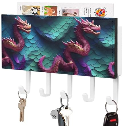 3D Magical Dragon Scales Key Holder Rack Hanger Wall Mount Decorative Mail Holder with 5 Hooks Mail Organizer Wall Mounted Adhesive Coat & Key Hooks for Wall Entryway Hallway Kitchen Easy Installation