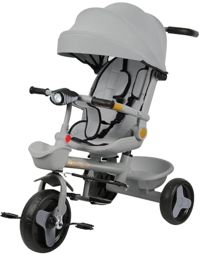 Tricycle Enfants évolutif, Tricycle bébé évolutif, Tricycle 4 en1 avec Barre de poussée de 18 Mois à 25 kg, B - Gris