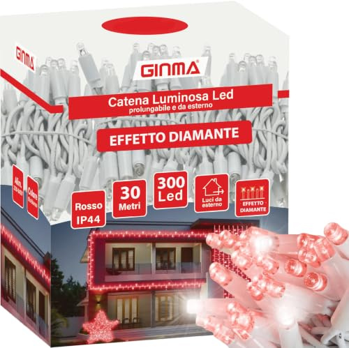 GINMA - Luci Di Natale da Esterno Professionali a Risparmio Energetico e Alta Impermeabilità - Luminarie Natalizie da Esterno (Rosso Rubino, 30 Metri (300 LED))