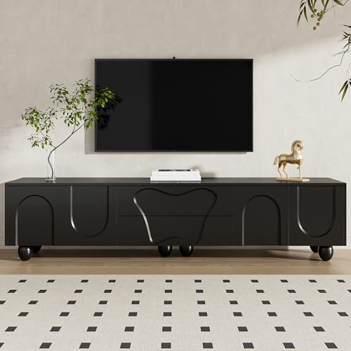 FammyLoft TV Cabinet with Elegant Wooden Round Legs, TV Stand with 2 Drawers, Entertainment Center with Unique Design and Flexible Storage Solution for Living Room and Bedroom, 180 * 40 * 42cm, Black