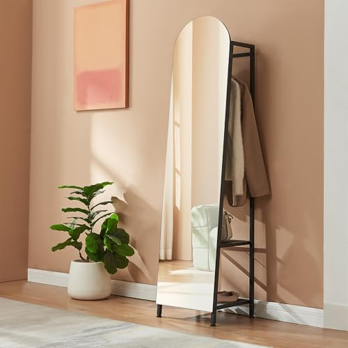 [en.casa] Specchio a Figura Intera con Appendiabiti Stand Porta Abiti con Specchio da Terra Ripiani Barra Porta Vestiti per Ingresso Camera da Letto 165 x 40 x 35 cm - Nero