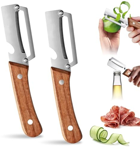 Pelador de verduras multifuncional 3 en 1 para la cocina, pelador de madera de acero inoxidable, pelador con mango de madera y abrebotellas integrado para frutas, verduras y rebanadas de carne