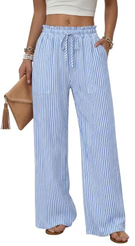 WIHOLL Wide Leg Palazzo Trousers Casual Summer Women's Clothing Elastic Drawstring Waist Soft Light Pants with Pockets for Beach Travel Daily Wearing