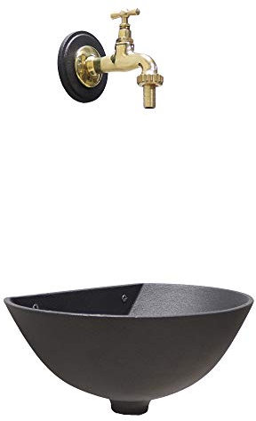 Wandbrunnen, Modell 600, graue Farbe, gusseisern mit einem Wasserhahn aus poliertem Messing für Haus und Garten.