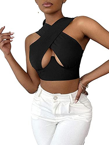 Geagodelia Damen Crisscross Crop Top Y2k Fashion Sexy Corset Top Cross Wrap Tiktok Neckholder Top Aesthetic Sport Sommer (Schwarz, S)