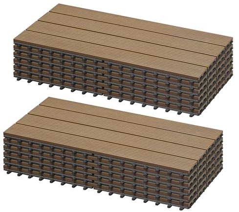 Laneetal Dalle de Terrasse WPC Emboîtable, Lot de 12 Carreaux de Sol Extérieur à Clipser pour Patio, Terrasse, Balcon, Piscine, 30x60 cm, Marron