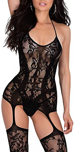 NewBull Women's Sexy Lingerie Naughty Bodystocking Fishnet Bodysuit Lace Halter Babydoll Chemise Nightwear Hollow Out Stretchy Tights Mini Dress with Suspenders Grarters