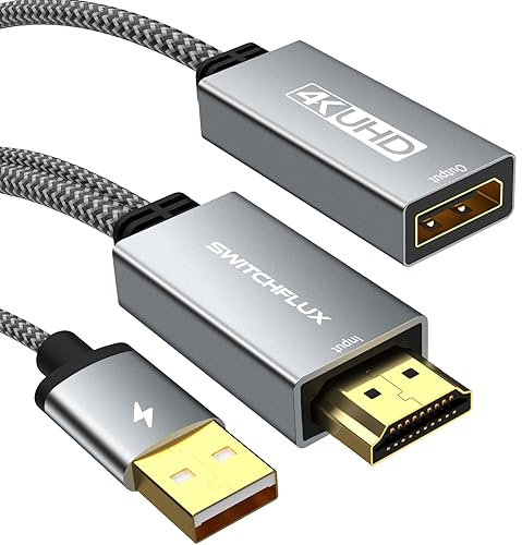 SWITCHFLUX Adaptateur HDMI vers Displayport, 4K @ 60 Hz HDMI actif mâle vers DP femelle, câble HDCP 2.2 haute vitesse pour PC, NVIDIA, AMD, NS, PS4/5, Xbox One/Series X (22 cm)