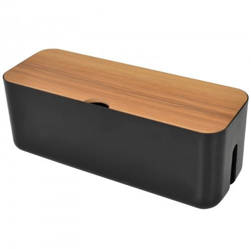 Caja Cables,Caja Organizador Cables,Caja de Gestión de Cables con Tapa de bambú,Caja Guarda Cables para Oculta y Recoge Cables y Regletas (Negro)