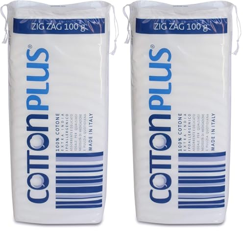 Cotton Plus ZIG ZAG 100 g - LINEA MEDICALE | 100% PURO COTONE IDROFILO CARDATO PER USO MEDICALE | Morbido e assorbente. (Confezione da 2)