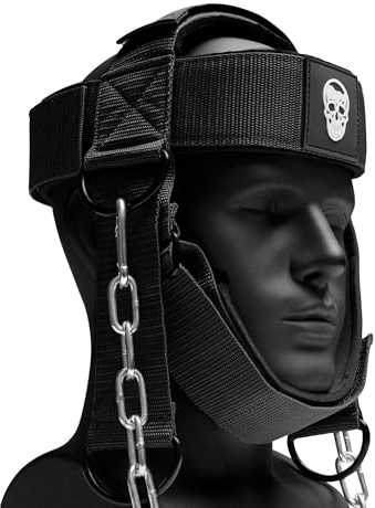 Gymreapers Arnés de cuello que aumenta la fuerza del cuello y reduce el dolor de cuello, entrenador de cuello con 29 cadenas de acero resistente, correa de neopreno ajustable, arnés de entrenamiento