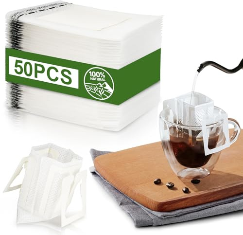 CARGEN Filtros de Café de Goteo 50 Unidades - Bolsas de Filtro Orgánicas Desechables y Portátiles con Soporte Colgante para Taza, Ideales para Viajes, Camping y Oficina