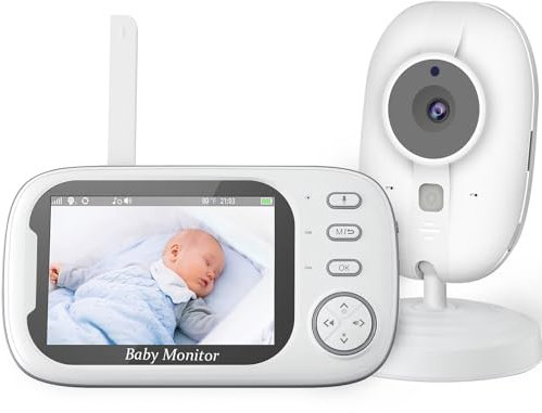 Babyphone Caméra Bébé Moniteur 3,5 Pouces Vidéo 720p, Zoom 4X, Moniteur de bébé léger Night RGB, Conversation Audio à Deux Voies, 8 berceuses, capteur de température, 2000mAh Camera Bebe (Blanc)