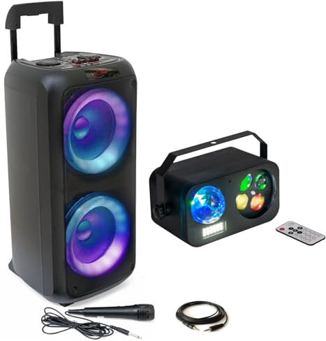 Ibiza – Pack Karaoke Altavoz Bluetooth con batería 600 W USB AUX SD TWS Micro – Juego de luces 3 en 1 Astro GOBO Estroboscopio infantil regalo, VENUS-COMBILED20
