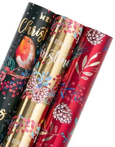 RUSPEPA Rollo De Papel De Regalo Navideño - Mini Rollo - 3 Rollos - 43,2 Cm X 3 M Por Rollo - Pájaro, Guirnalda Navideña, Acebo Y Piñas Diseño Navideño Con Brillo De Lámina Metálica