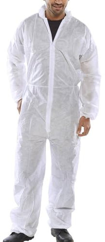 Poly Prop White Economy Lightweight Disposable Overall Boilersuit - Zip up, elasticated hood, ankles and wrists (XL)