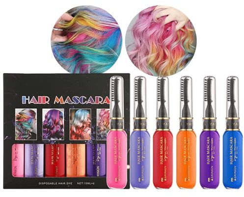 Sofort Haarfarbe Farbstoff, 6 Farben Temporäre Haar Wimperntusche für Mädchen & Frauen, Waschbar Haarkreide, Regenbogen Haarmascara Haarfarbe für Karneval, Halloween, Cosplay, Party, Geburtstag (A)