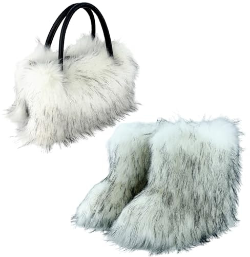 Aublinto Sac de transport en peluche moelleux - Sac à main - Bottes de neige en fourrure assorties - Bottes à fourrure avec mollet moyen - Bottes de neige confortables et plates pour l'intérieur et