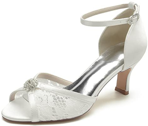 TNMIUH Zapatos de Novia Elegantes con Tacón Bajo, Encaje y Satén Sandalias Peep-Toe, Tobillera Ajustable para Fiestas (Blanco/Marfil),Marfil,39 EU