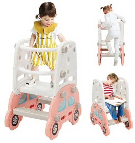 Toddler Learning Tower,Mini Kitchen Step Stool for Kids with Safety Bar,Learning Standing Tower With Stickers,Bathroom Helper Montessori,Easy to Install,Gifts For Girls Boys(Pink Cute Car)