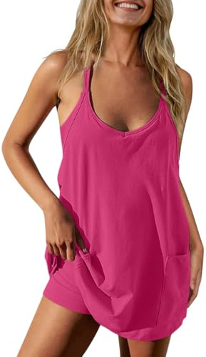 Tarse Robe athlétique décontractée sans Manches à Bretelles Spaghetti avec Poches pour Femme, Rose Vif, Taille XL