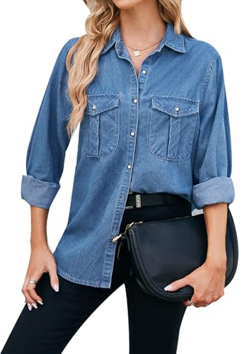 MINTLIMIT Womens Denim Shirt Long Sleeve Button Down Shirt Casual Lightweight Jean Shirt Jacket Vintage Denim Blouses Tops with Pockets