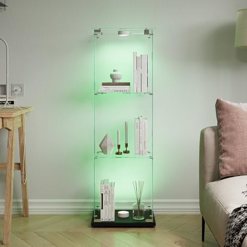 Vetrina in vetro con LED,Vetrina in vetro temperato,3 strati di vetro,in legno,a 1 porte e lucchetto,mobile in Vetro vetrina,vetrine per figure armadio,per soggiorno,ufficio,oggetti da collezione,Nero