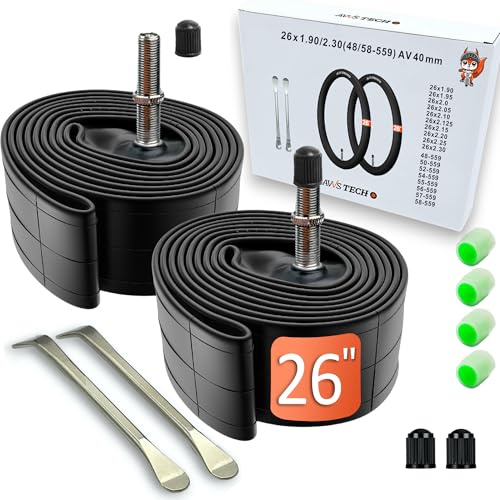 Cámara de Bicicleta 26 Pulgadas válvula Auto 40 mm | 26x1.90 26x2.0 26x2.10 26x2.30 | válvula Schrader AV Universal | MTB Trekking Ciudad E-Bike | Pack de 2 Incl. Accesorios